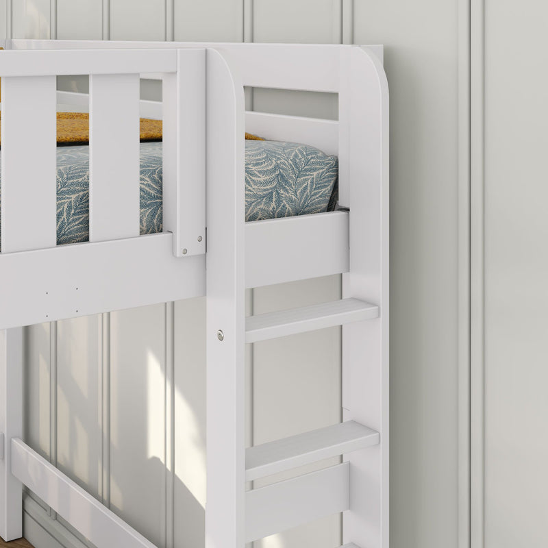 White wooden bunk bed ladder and safety rail with blue leaf-pattern mattress and yellow blanket in modern kids' bedroom
