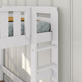 White wooden bunk bed ladder and safety rail with blue leaf-pattern mattress and yellow blanket in modern kids' bedroom
