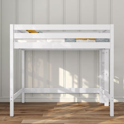 White wooden twin loft bed with built-in ladder and safety rails in a modern kids bedroom, space-saving loft bed for small rooms