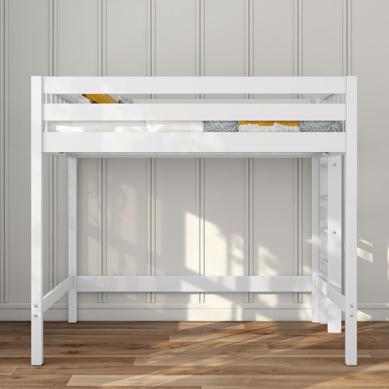 White wooden twin loft bed with built-in ladder and safety rails in a modern kids bedroom, space-saving loft bed for small rooms