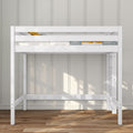 White wooden twin loft bed with built-in ladder and safety rails in a modern kids bedroom, space-saving loft bed for small rooms
