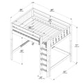 Twin loft bed dimensions diagram showing wooden elevated bed frame with ladder and guardrails — overall 80 in x 58 in x 71 in (203 x 146 x 180 cm), 52 in (132 cm) under-bed clearance and 60 in mattress support.