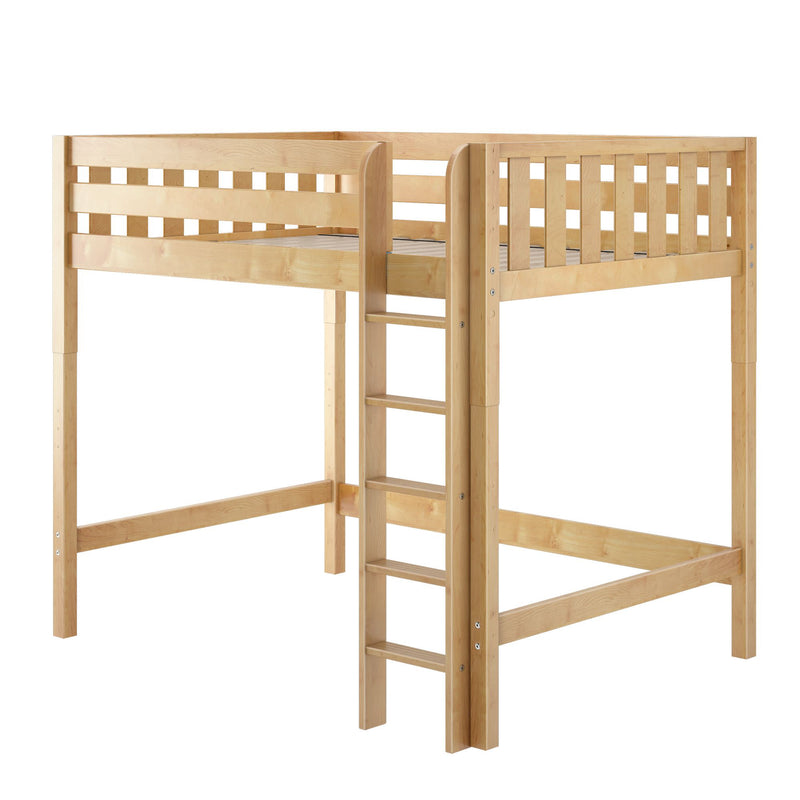 Light natural wood loft bed with built-in ladder and slatted guardrails, elevated single bed ideal for kids' bedroom with storage or play space underneath
