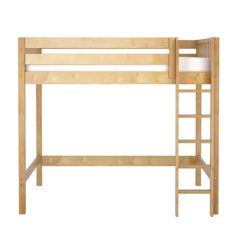 Natural light wood loft bed with ladder, solid pine twin high-sleeper frame for kids — space-saving modern bedroom furniture on white background