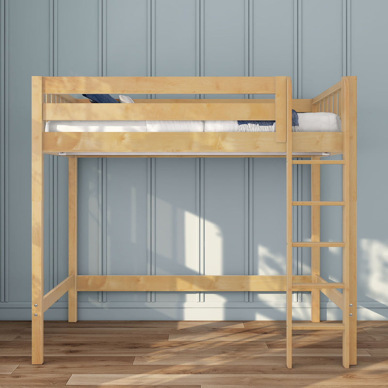 Space-saving natural wood loft bed with ladder and white bedding — twin bunk bed for kids against blue paneled wall on hardwood floor