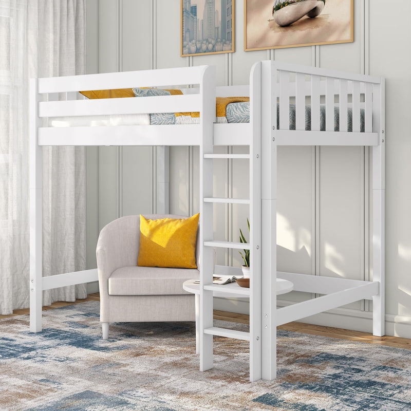 White wooden twin loft bed with ladder and guardrails over a cozy reading nook featuring a beige armchair, yellow accent pillow, round side table and plant — space-saving kids' bedroom furniture in a modern room with area rug and wall art