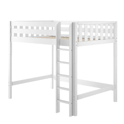 White wooden loft bed with ladder and guard rails, elevated twin-size platform for kids bedroom, minimalist modern design