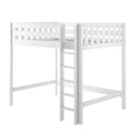 White wooden loft bed with ladder and guard rails, elevated twin-size platform for kids bedroom, minimalist modern design