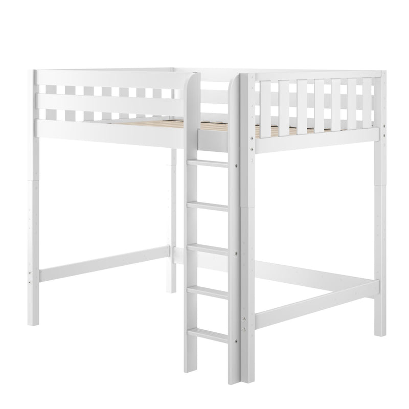 White wooden loft bed with ladder and guard rails, elevated twin-size platform for kids bedroom, minimalist modern design