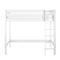 White wooden loft bed with right-side ladder and guardrails, open under-bed space for storage or desk — space-saving modern single/twin bed for kids' rooms and small apartments