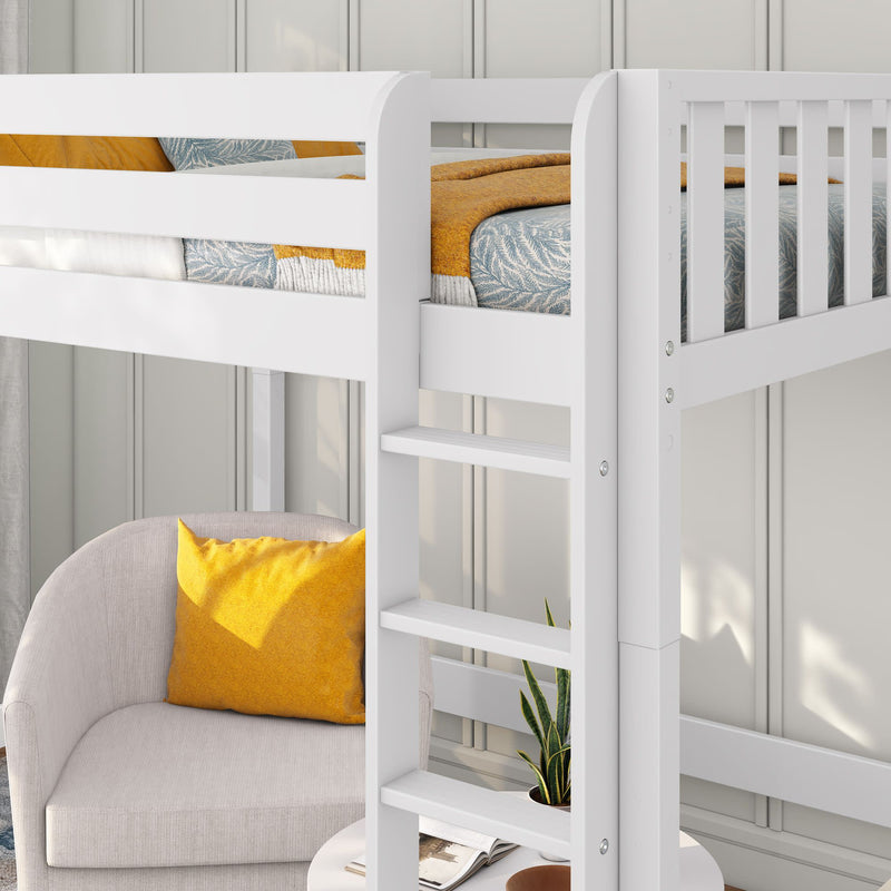 White loft bed with ladder and guardrails, mustard yellow bedding and accent pillow, patterned sheets, beige armchair and potted plant in a bright modern bedroom
