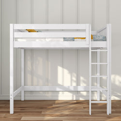 White wooden loft bed with built-in ladder and twin mattress, modern space-saving kids bunk bed on hardwood floor against paneled wall