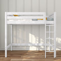 White wooden loft bed with built-in ladder and twin mattress, modern space-saving kids bunk bed on hardwood floor against paneled wall