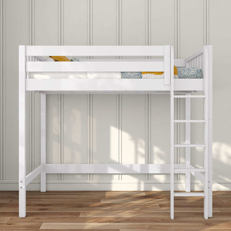 White wooden loft bed with built-in ladder and twin mattress, modern space-saving kids bunk bed on hardwood floor against paneled wall