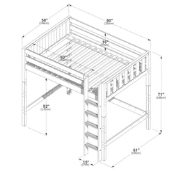 Wooden twin loft bed frame with ladder and safety guardrails, slatted mattress support and 52" under-bed clearance, overall dimensions 80" x 58" x 71", space‑saving raised bed ideal for kids' bedrooms and small apartments