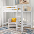 White wooden twin loft bed with integrated ladder over a cozy beige armchair and yellow accent pillow in a modern, space-saving kids' bedroom.