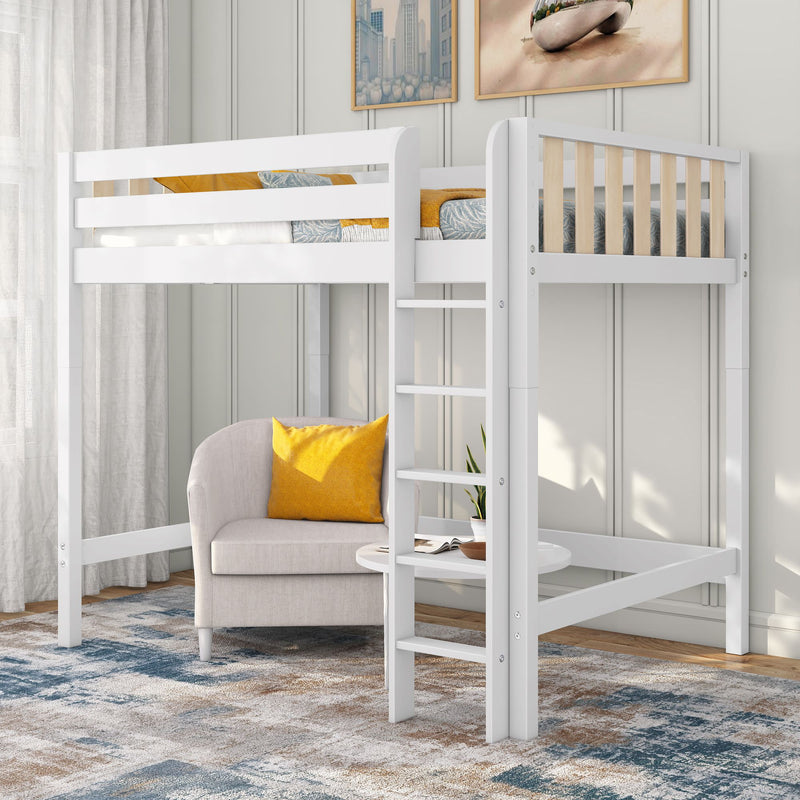 White wooden twin loft bed with integrated ladder over a cozy beige armchair and yellow accent pillow in a modern, space-saving kids' bedroom.