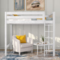 White loft bed with ladder above a cozy beige armchair with yellow pillow, round white side table and potted plant in a modern neutral bedroom