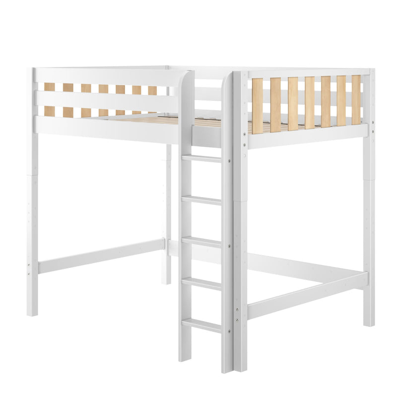 White wooden twin loft bed frame with built-in ladder and natural wood slat guardrails, modern space-saving children's loft bed with open area underneath for desk or storage