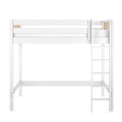 White wooden twin loft bed with built-in ladder and safety rails, space-saving high sleeper bed for small bedrooms and studio apartments