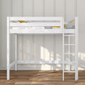 White solid wood loft bed with ladder, space-saving twin elevated bed for kids' room with paneled wall and hardwood floor
