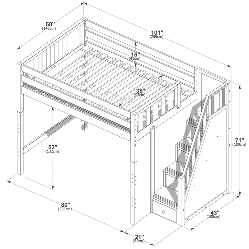 Solid wood twin loft bed with built-in staircase and storage drawers, guardrails and slatted mattress support; overall dimensions 101×58×71 in (255×146×180 cm), mattress area 38 in (97 cm), under-bed clearance 52 in (132 cm)
