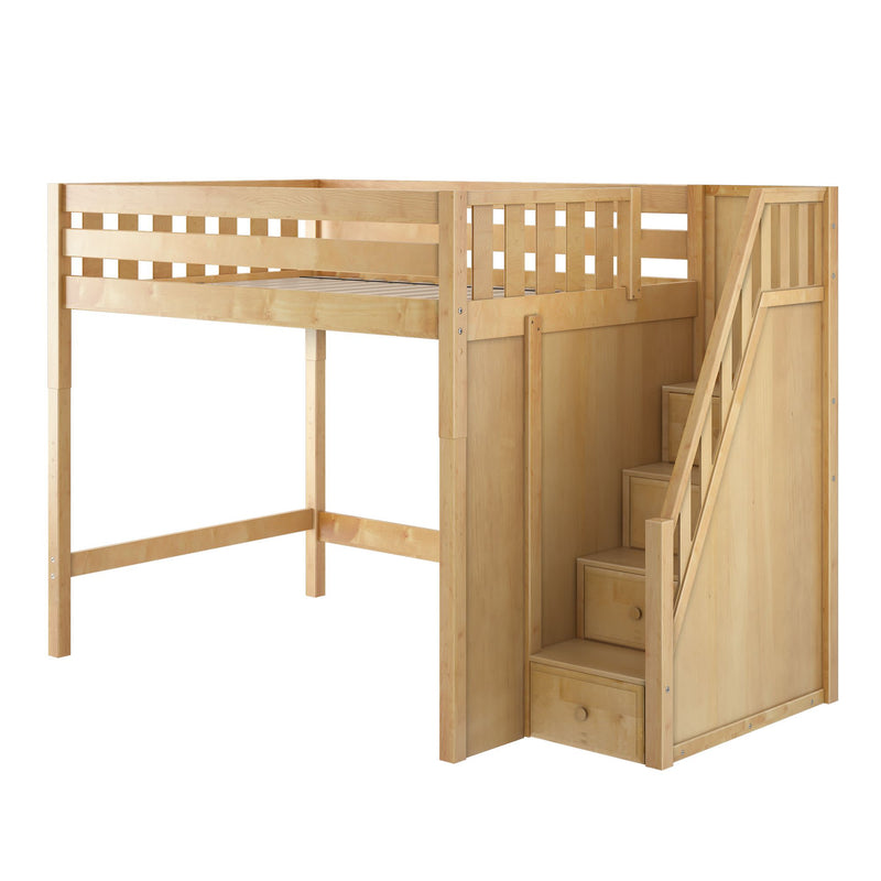 Light wood loft bed with staircase and built-in storage drawers, space-saving single bed for kids