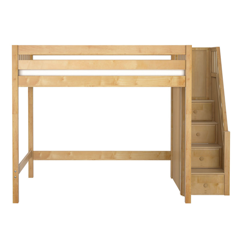 Light maple wooden loft bed with built-in staircase drawers and open under-bed space, space-saving twin loft bed for kids and small bedrooms