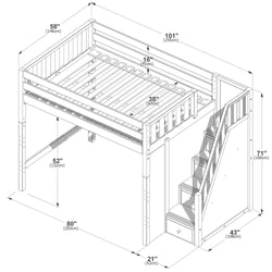Dimensional assembly diagram of a twin loft bed with staircase and built-in storage drawers, wood slat mattress area 38 in (97 cm), overall 101 in (255 cm) L × 58 in (146 cm) W × 71 in (180 cm) H with 52 in (132 cm) under-bed clearance — loft bed with stairs and storage measurement blueprint