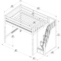 Dimensional assembly diagram of a twin loft bed with staircase and built-in storage drawers, wood slat mattress area 38 in (97 cm), overall 101 in (255 cm) L × 58 in (146 cm) W × 71 in (180 cm) H with 52 in (132 cm) under-bed clearance — loft bed with stairs and storage measurement blueprint