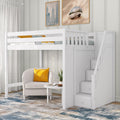 White wooden loft bed with built-in storage staircase, cozy reading nook featuring beige armchair and yellow pillow, modern kids' bedroom interior decor