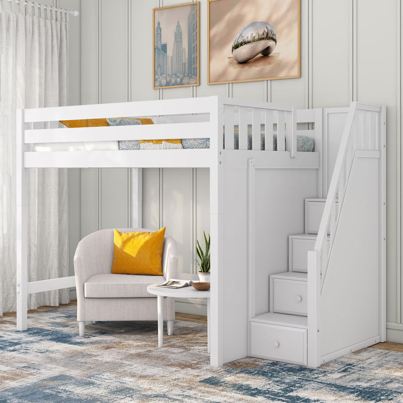 White wooden loft bed with built-in storage staircase, cozy reading nook featuring beige armchair and yellow pillow, modern kids' bedroom interior decor