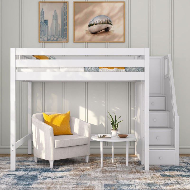 White loft bed with built-in staircase storage over cozy reading nook featuring a beige armchair with yellow pillow, round side table with plant and book — modern kids' bedroom small-space design