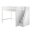 White wooden loft bed with built-in staircase and under-stair storage drawers, space-saving twin loft bed for kids and teens in small bedrooms