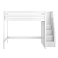 White wooden loft bed with built-in storage stairs and drawers, space-saving twin-sized option for kids' bedroom