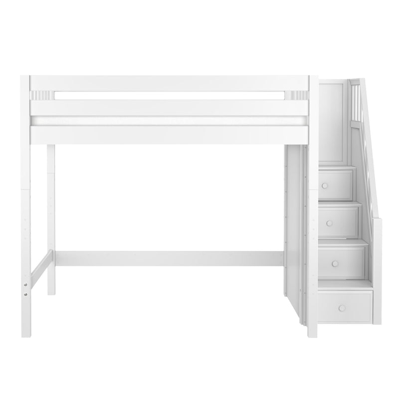 White wooden loft bed with built-in storage stairs and drawers, space-saving twin-sized option for kids' bedroom