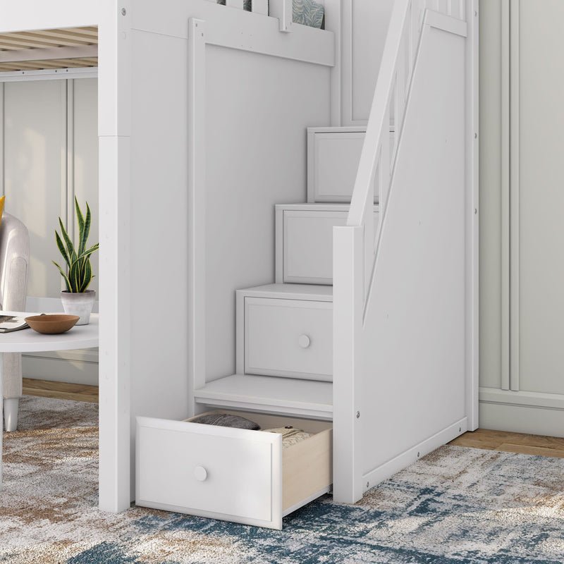 White wooden staircase with built-in storage drawers and pull-out under-stair drawer for space-saving loft bed
