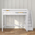 White wooden loft bed with built-in staircase and storage drawers, space-saving modern kids' bunk bed in bright room with hardwood floor