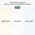 White finish color swatch comparison under various lighting conditions showing labeled warm light, daylight, and cool light panels to illustrate white color variation
