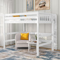 White wooden loft bed with ladder over cozy reading nook — beige armchair with yellow throw pillow, round side table, potted plant and blue-beige area rug, modern space-saving small bedroom