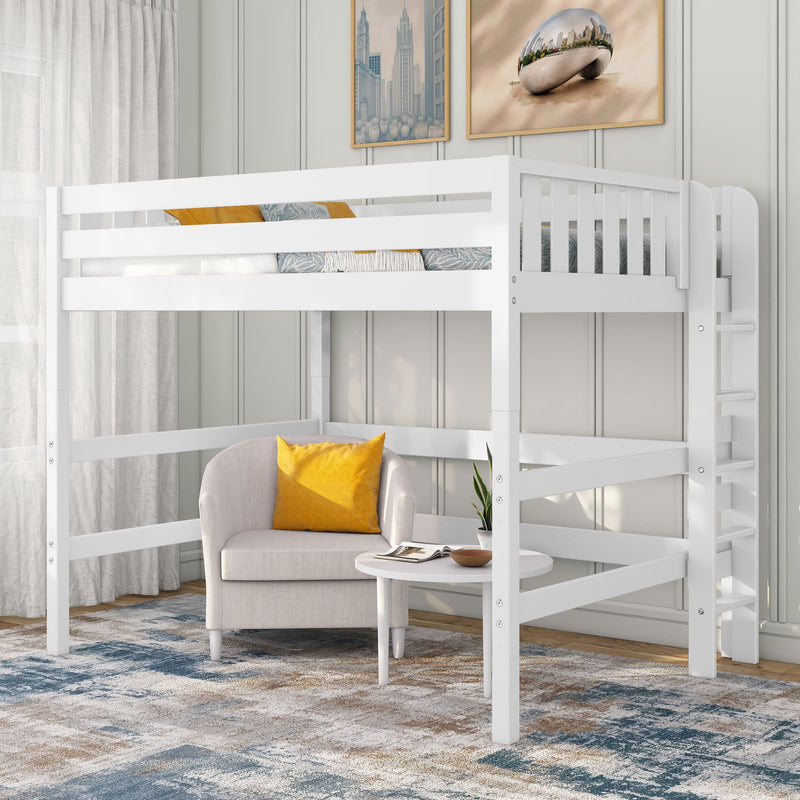 White wooden loft bed with ladder over cozy reading nook — beige armchair with yellow throw pillow, round side table, potted plant and blue-beige area rug, modern space-saving small bedroom