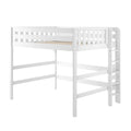 White wooden loft bed with ladder and safety rails, elevated twin-size platform bed frame for kids — space-saving bedroom solution