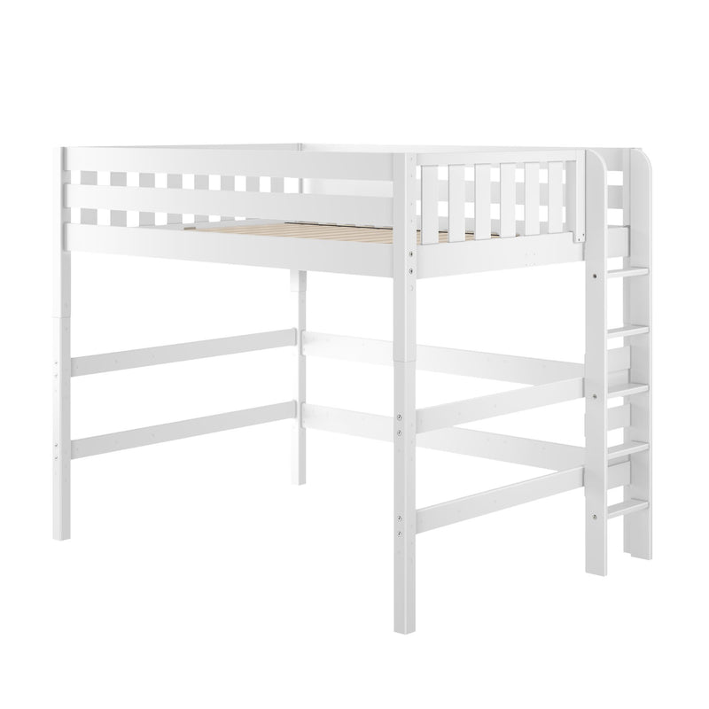 White wooden loft bed with ladder and safety rails, elevated twin-size platform bed frame for kids — space-saving bedroom solution