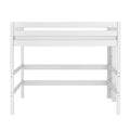 White wooden twin loft bed frame with safety guardrail and open under-bed space, modern space-saving elevated platform bed for kids' bedrooms