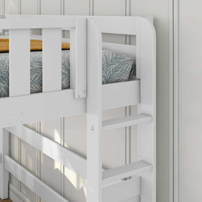 Close-up of white wooden bunk bed ladder and safety rails with blue leaf-patterned mattress and mustard throw in a modern kids' bedroom