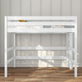 White wooden loft bed frame with guardrails and mattress, space-saving kids' loft bed in modern farmhouse style bedroom on hardwood floor against paneled wall