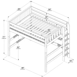Technical diagram of an elevated loft bed with ladder, guardrails and slatted mattress platform, showing dimensions 88×64×71 in (223×162×180 cm).