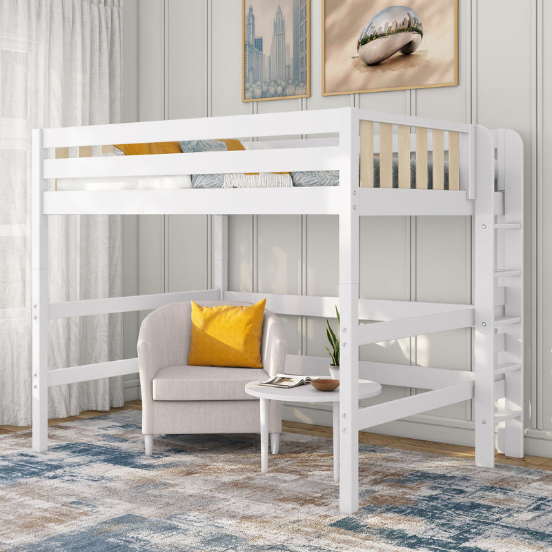White wooden loft bed with ladder over cozy reading nook featuring beige armchair, yellow pillow, round white side table and modern rug in bright bedroom