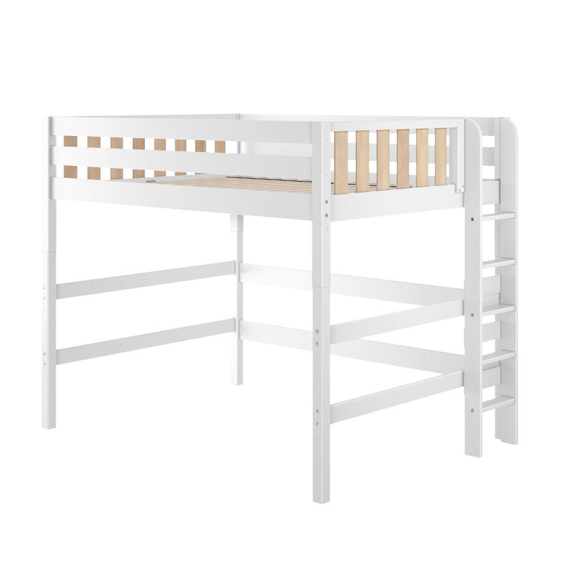 White wooden loft bed frame with integrated ladder and natural wood slats, elevated space-saving single bed for kids bedroom or studio