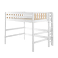 White wooden loft bed frame with integrated ladder and natural wood slats, elevated space-saving single bed for kids bedroom or studio